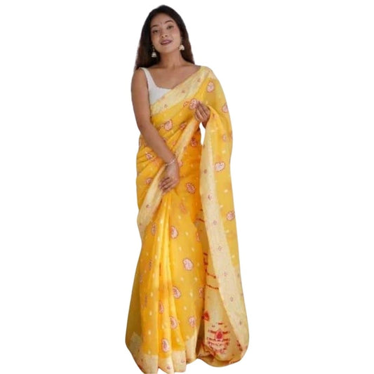 Yellow Cotton Printed Saree