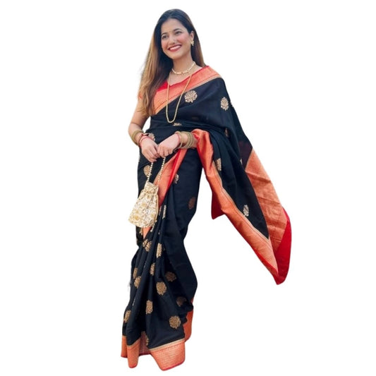 Black-Red Silk Printed Saree
