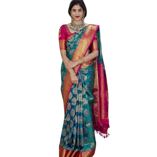 Teal Blue Silk Printed Saree