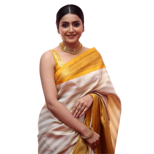 Off White-Yellow Silk Printed Saree