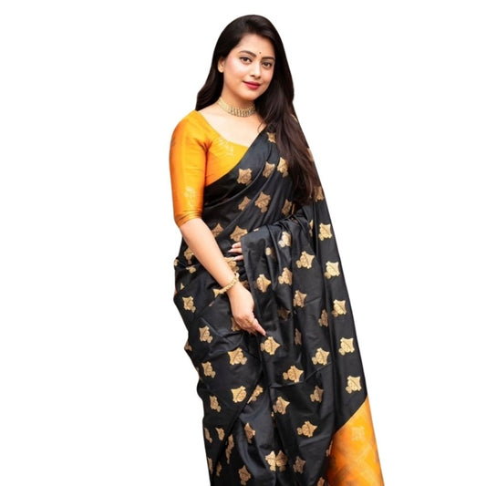 Black & Mustard Yellow Silk Printed Saree