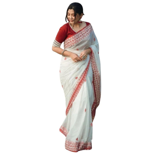 White-Red Cotton Printed Saree