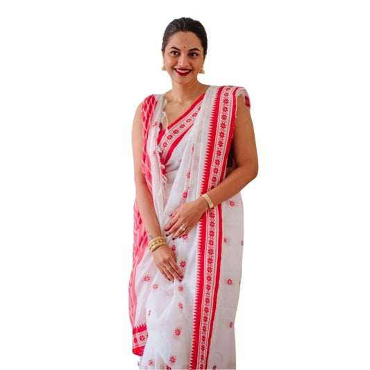 White-Pink Cotton Printed Saree