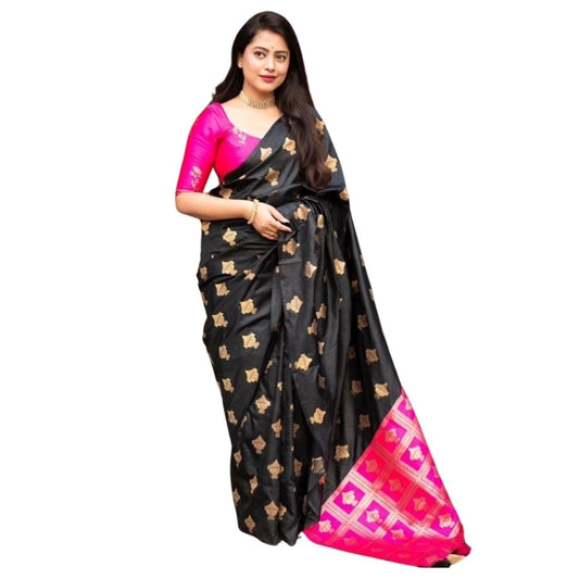 Black & Pink Silk Printed Saree