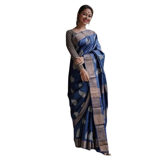 Navy Blue Silk Printed Saree