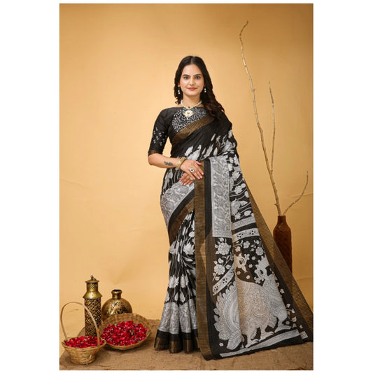 Black Handloom Cotton Kalamkari Saree