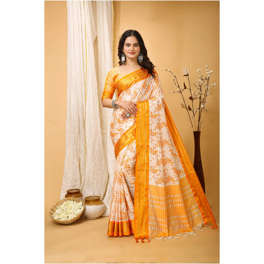 Yellow Cotton Silk Printed Saree