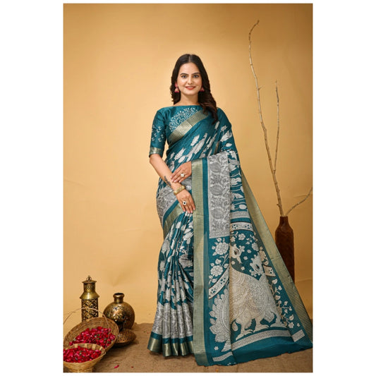 Turquoise Handloom Cotton Kalamkari Saree