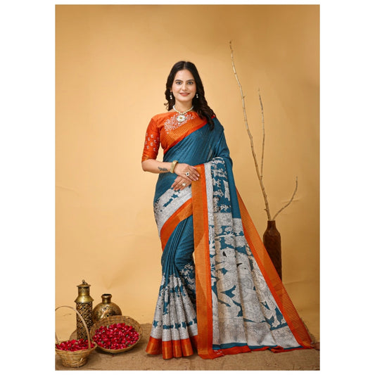 Teal Blue Handloom Cotton Kalamkari Saree