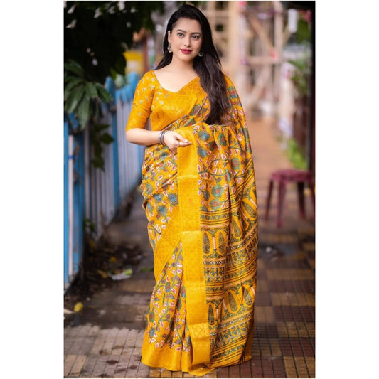 Yellow Dola Cotton Kalamkari Saree