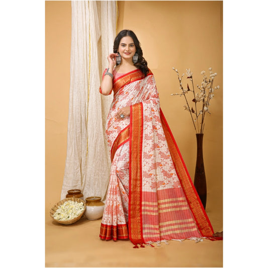 Red Cotton Silk Printed Saree