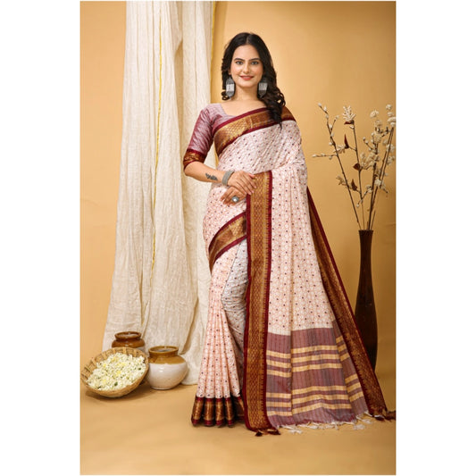 Maroon & Cream Soft Cotton Silk Printed Saree