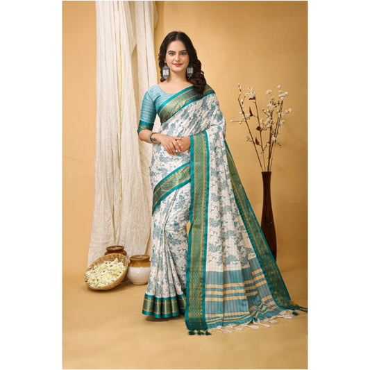 Turquoise Cotton Silk Printed Saree