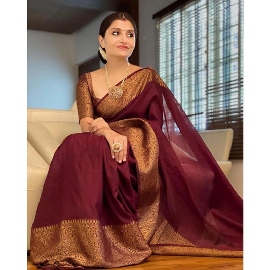 Maroon Lichi Silk Solid Saree