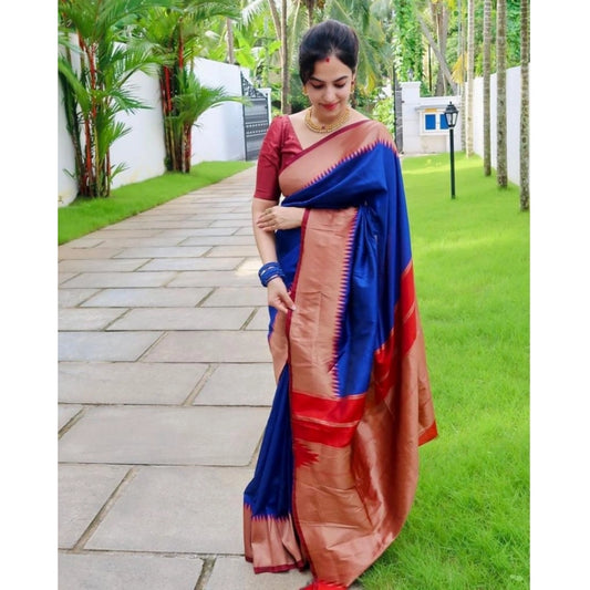 Blue & Copper Lichi Silk Solid Saree