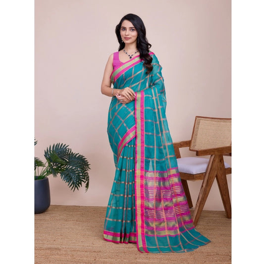 Generic Women's Cotton Silk Checkered Kota Doria Saree With Unstitched Blouse (5.5Mtr, Rama)