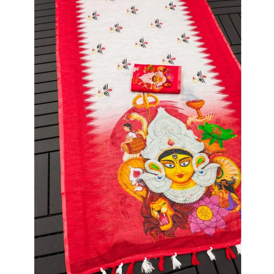 White Linen Divine Art Print Saree