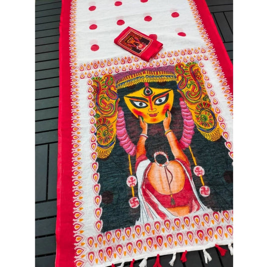 White Linen Divine Print Saree