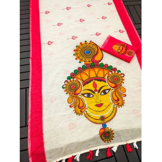 White Linen Cultural Art Saree