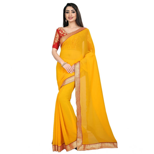 Generic Women's Chiifon Saree Printed Saree With Unstitched Blouse 5.5Mtr (Yellow)