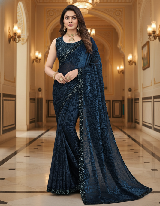 Blue Lycra Floral Saree