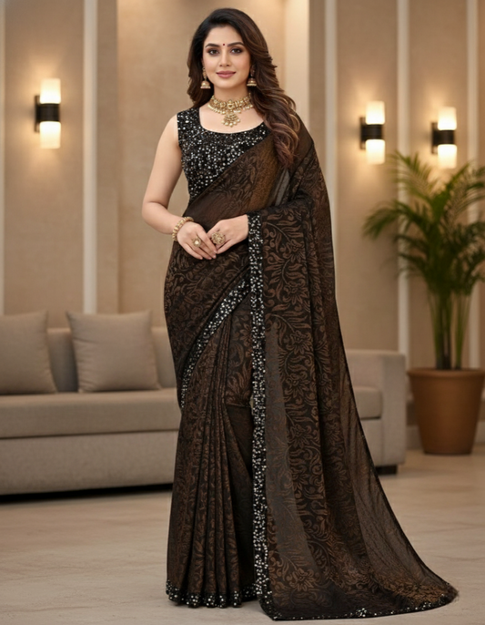 Brown Lycra Floral Saree