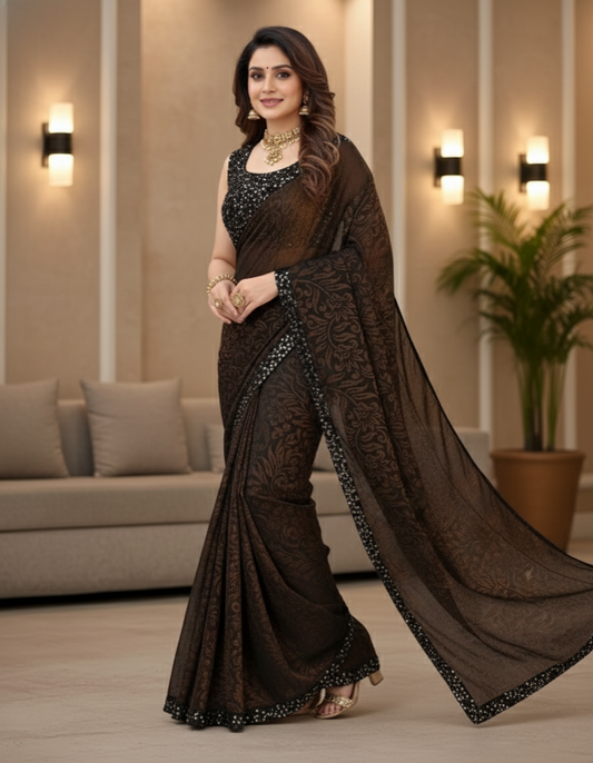 Brown Lycra Floral Saree