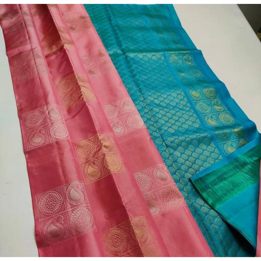 Peach Turquise Silk Saree