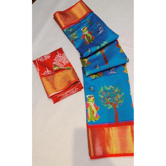 Generic Women's Digital Dolla Silk Printed Saree With Unstitched Blouse 5.5Mtr (Sky Blue)