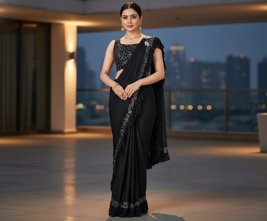 Black Lycra Solid Saree