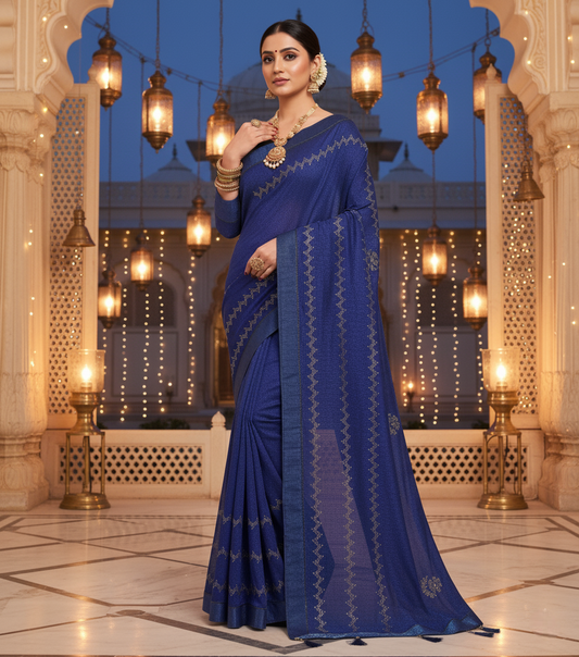 Blue Vichitra Silk Hotfix Stone Work Saree