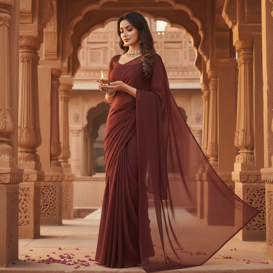 Coffee Georgette Plain Saree