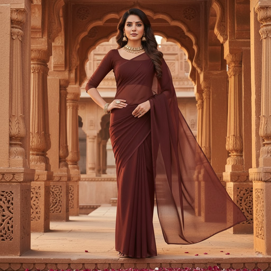 Coffee Georgette Plain Saree