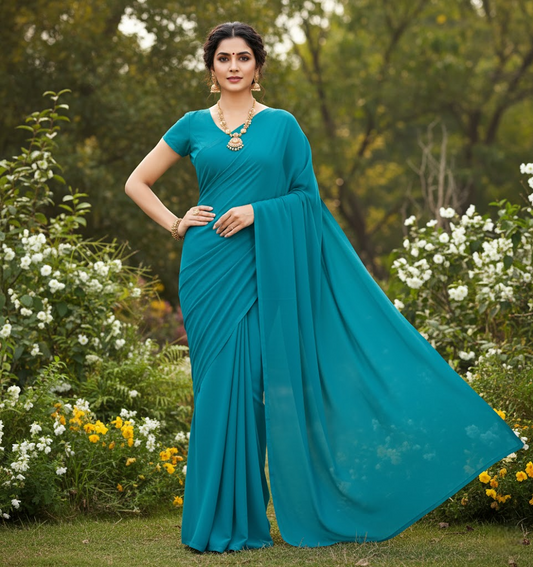 Dark Firozi Georgette Plain Saree