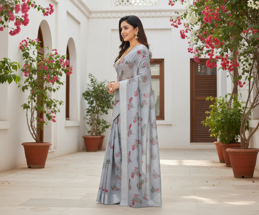 Elegant Grey Printed Cotton Saree