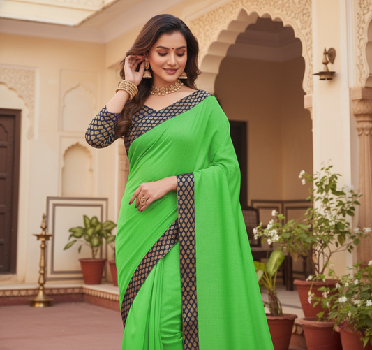 Green Chanderi Cotton Lace Border Saree