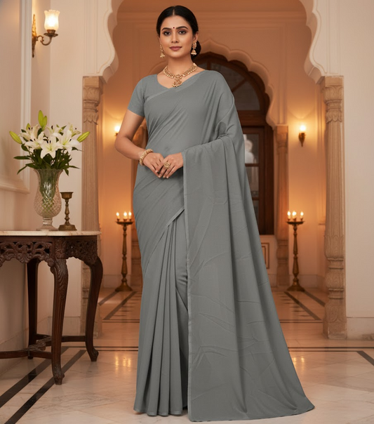 Grey Georgette Plain Saree