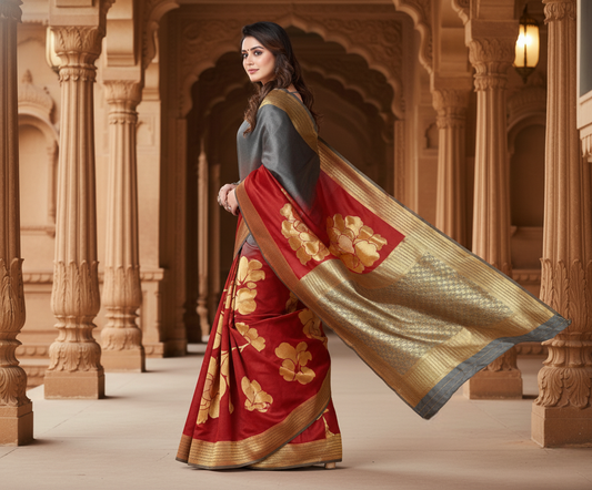 Grey & Red Banarasi Silk Saree