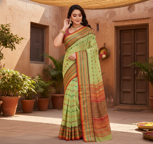Light Green Kota Doria Cotton Woven Butta Saree