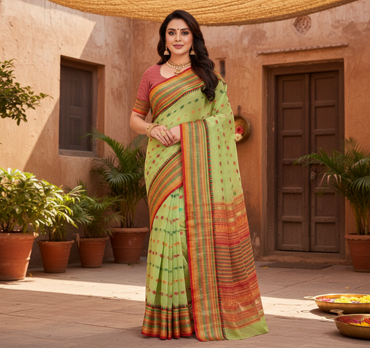 Light Green Kota Doria Cotton Woven Butta Saree