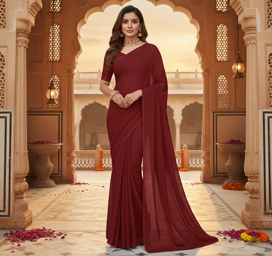 Maroon Georgette Plain Saree With Blouse