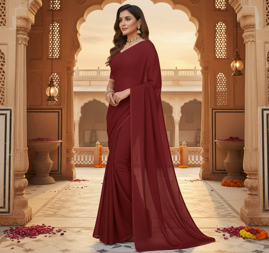 Maroon Georgette Plain Saree With Blouse