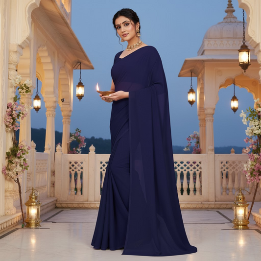 Navy Blue Georgette Plain Saree