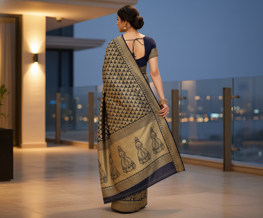 Navy Blue Jacquard Silk Kanjivaram Saree With Blouse
