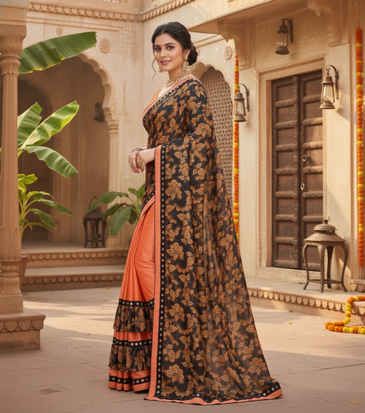 Orange Floral Print Lycra Blend Saree