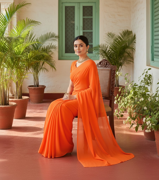 Orange Georgette Plain Saree