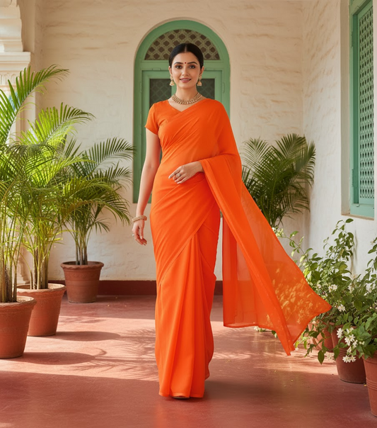 Orange Georgette Plain Saree