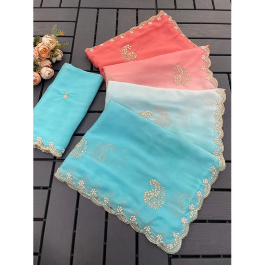 Generic Women's Digital Printed  Geogette Saree With Unstitched Blouse (Blue, 5-6 Mtrs)