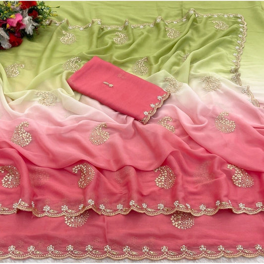 Generic Women's Digital Printed  Geogette Saree With Unstitched Blouse (Blue, 5-6 Mtrs)