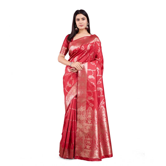 Generic Women's Banarasi Silk Printed Saree With Unstitched Blouse 5.5Mtr (Red)